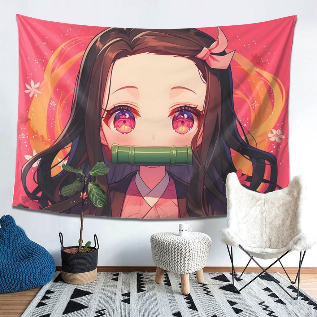 Nezuko Kimono Demon Slayer Kimetsu No Yaiba Anime Tapestry Wall Hanging Aesthetic Home Decor Tapestries for Living Room Bedroom