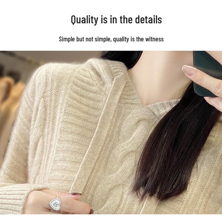 Women's Twisted Flower Cable Knit Wool Hoodie – Thick Pure Wool Sweater for Autumn/Winter