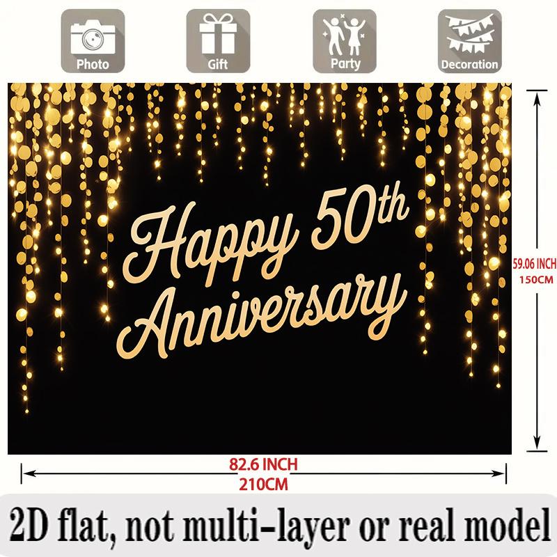 50th Anniversary Banner, Golden String Lights Backdrop Wall Decor for Celebration