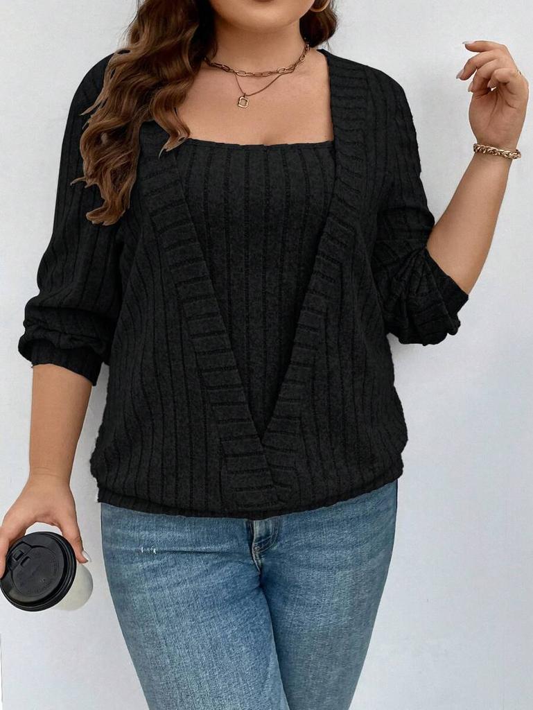 2025 Autumn and Winter, Europe, America,  TEMU Independent Station Cross-border New Solid-color Pit Strip V-neck Long-sleeved Fake Two-piece Set