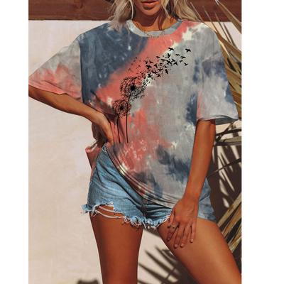 Summer Women Fashion T-shirt Tie Dyeing Tops Tees Female Feather Print Short Sleeve Clothing Ladies Casual Stylish Outfit