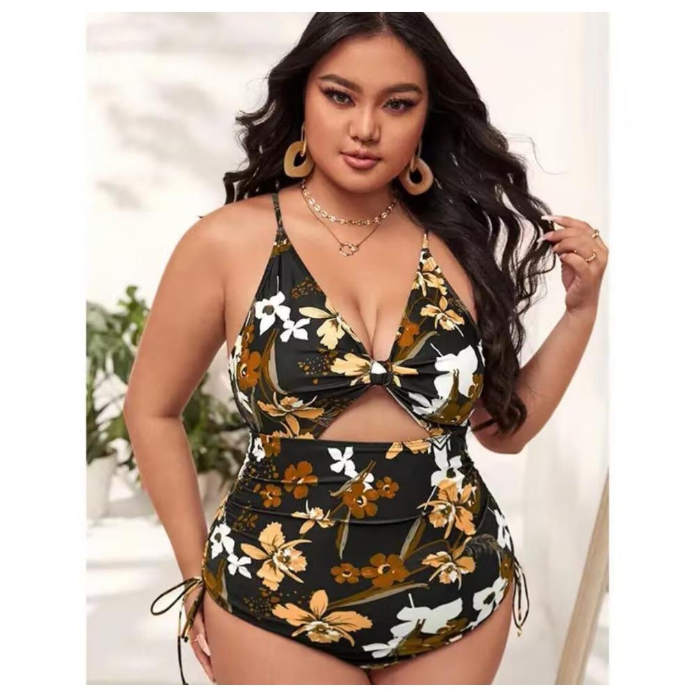 European and American Bikini Pleated Hollow Belly Cover and Thin Plus One-piece Swimsuit