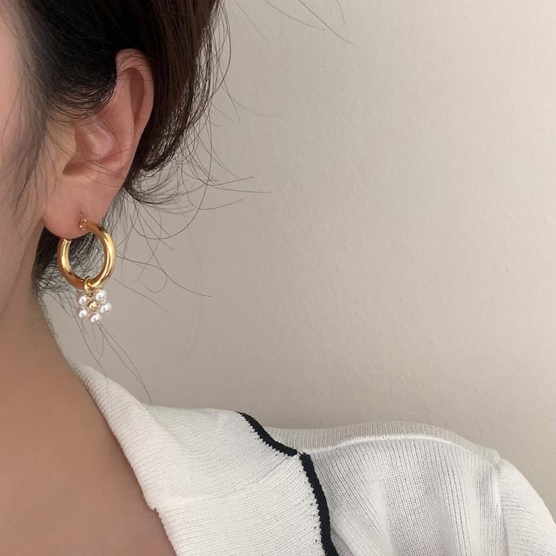 PONYKISS Sterling Silver Needle Pearl Pendant Round Hoop Earrings for Women Minimalist Trendy Fashion Accessories