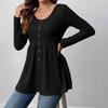 Women's Fall Winter Ribbed Knit Long Sleeve Tunic Top U Neck Button Front A Line Casual Daily Wear T Shirt Blouse
