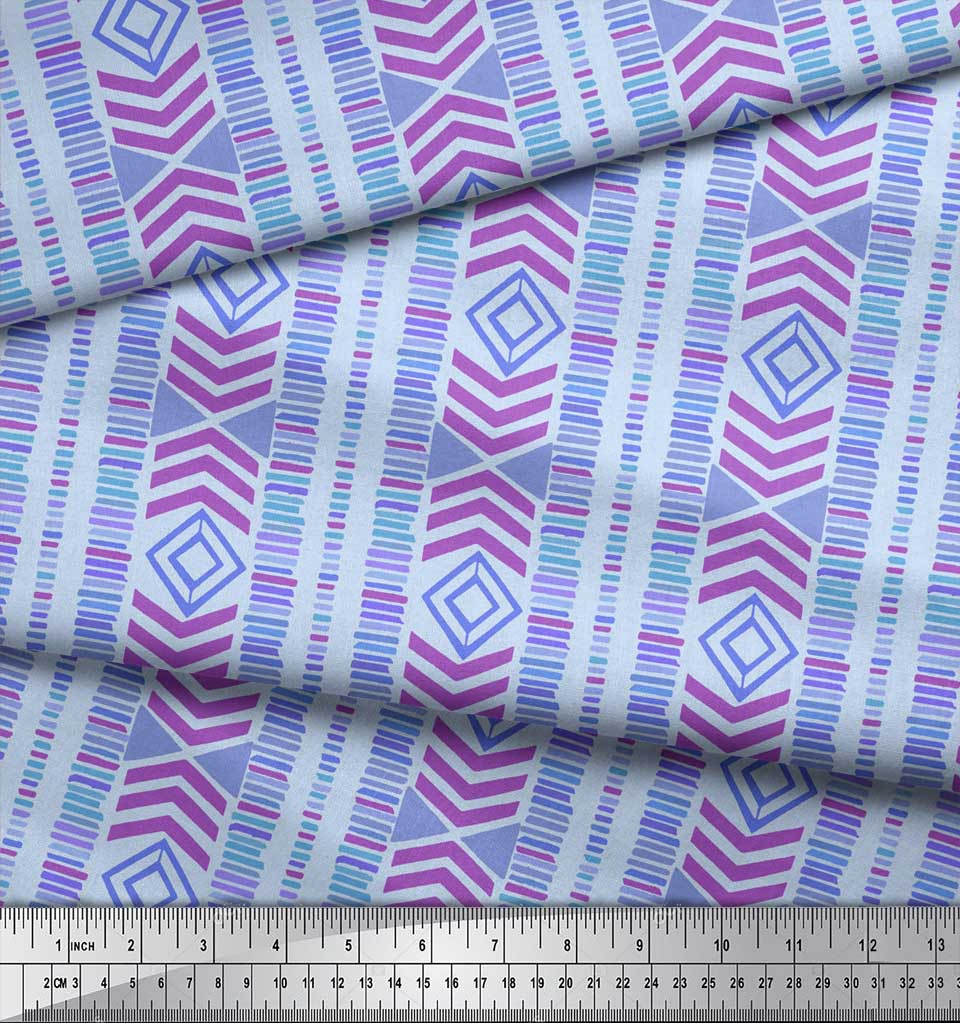 Soimoi Blue Japan Crepe Satin Fabric Aztec Geometric Print Fabric by the Metre 42 Inch