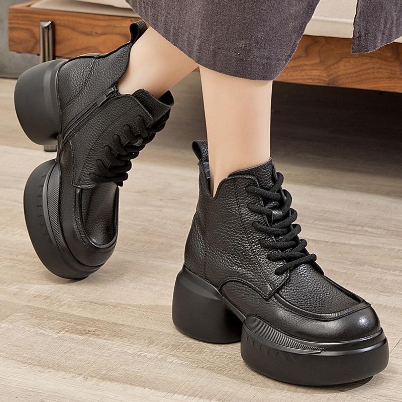 GKTINOO Genuine Leather Women Short Boots 2025 New Autumn Winter Round Toe Handmade Retro Thick Soled Platform Shoes