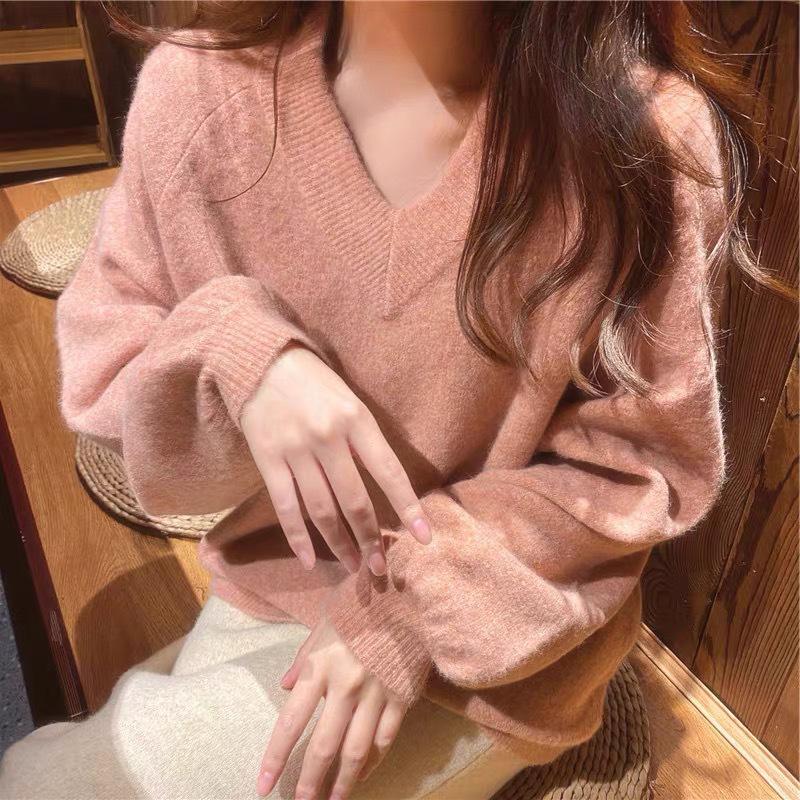 Women's Lazy Style V-Neck Pink Knitted Pullover Sweater - New Design for Autumn/Winter