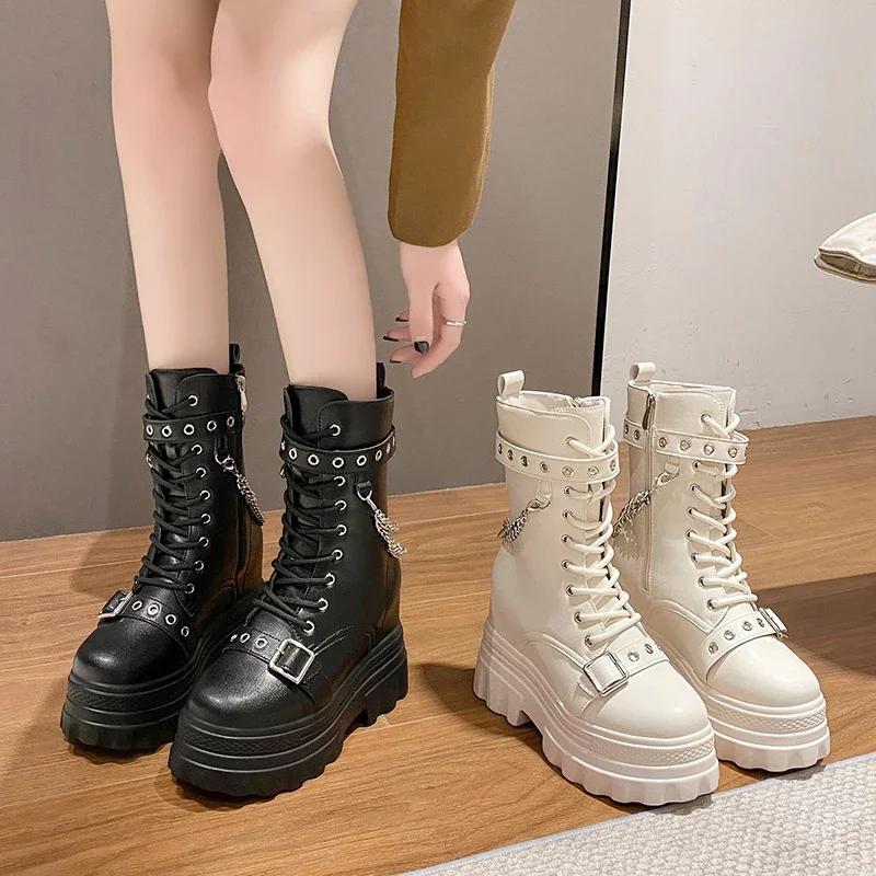 Fashion Women's Mid-calf Boots Autumn 2024 Fashion PU Leather Chain Platform Black Booties Punk British Style Casual Shoes for Ladies