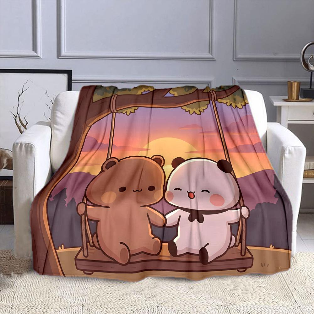 Cute Bear and Panda on a Swing at Sunset Patterned flannel blanket perfect for the bedroom living room, sofa, or a little nap