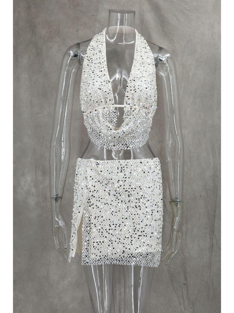 2026 Frühling/Sommer Europäisches & Amerikanisches Pailletten Neckholder Kordelzug Schlitz Rock Set