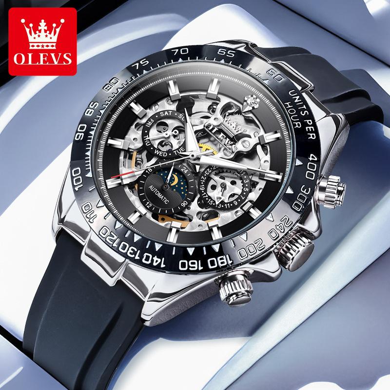 OLEVS 6713 New Automatic Mechanical Men's Watch Silicone Band Luminous Calendar Week Hollow Out 30M Waterproof Business Watches