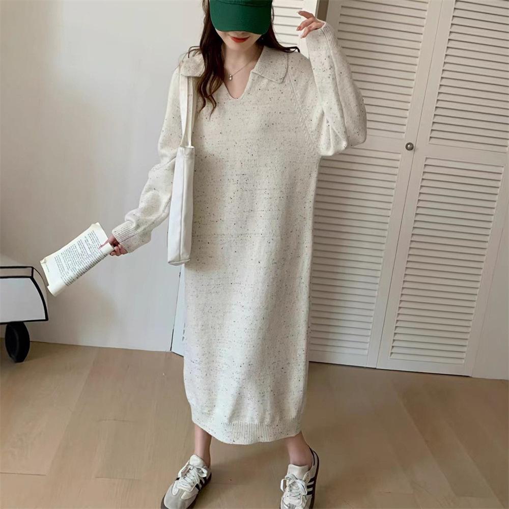 Long Knitted Dress for Women's Autumn and Winter New Loose and Lazy Polo Collar with Coat Backing Sweater Dress for Women