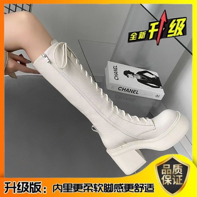 Thick-soled heightening boots women's 2025 autumn and winter new thick-soled lace-up elastic boots retro knight boots black boots