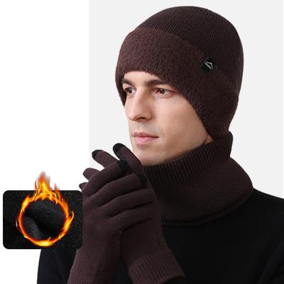 Winter Herren Strickmütze Schal Handschuhe Warmhalte-Set Großkopf Samt Dicke Wollmütze