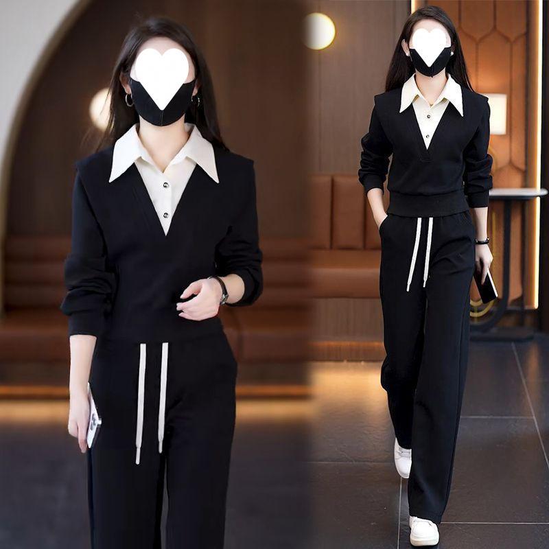 Mamba Spring and Autumn Fashionable Casual Design Fake Two-piece Tops Wide-leg Pants Two-piece Set