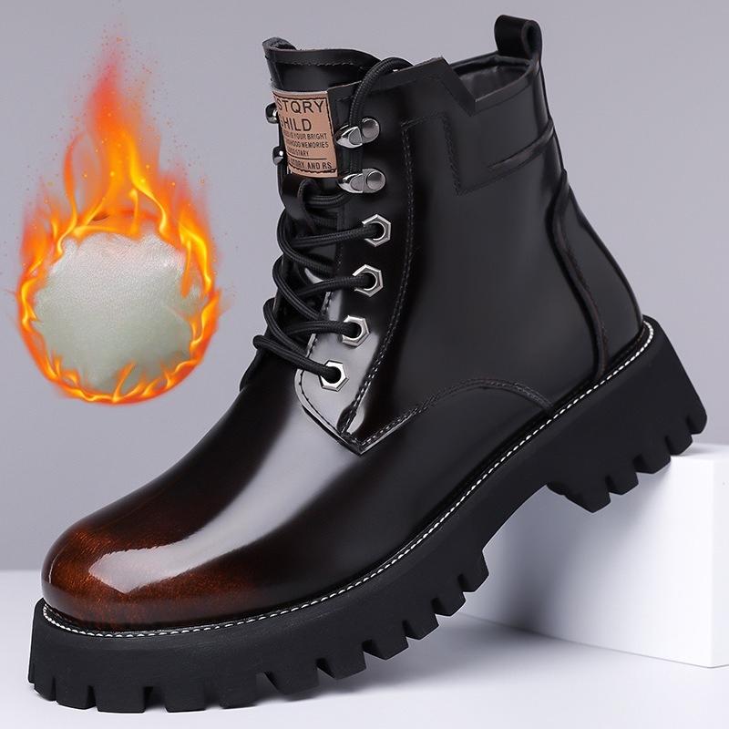 Winter Mens High Top Thermal Boots Plush Lined Snow Shoes Patent Leather Casual Non-Slip Waterproof Warm Comfortable Ankle Boots cm