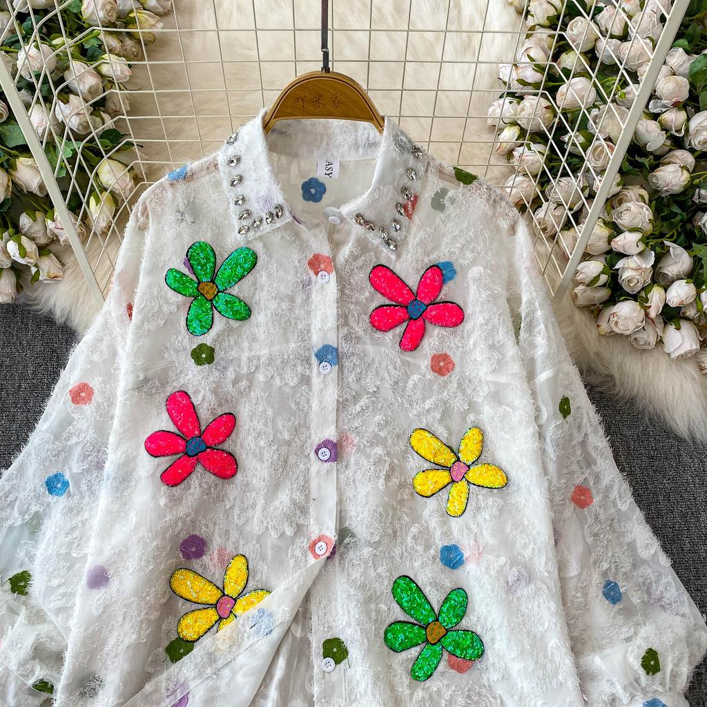 Premium Heavy Industry Diamond Sequined Flower Lapel Lantern Sleeve Shirt Women's Summer Sweet Age-reducing Loose Fringed Top