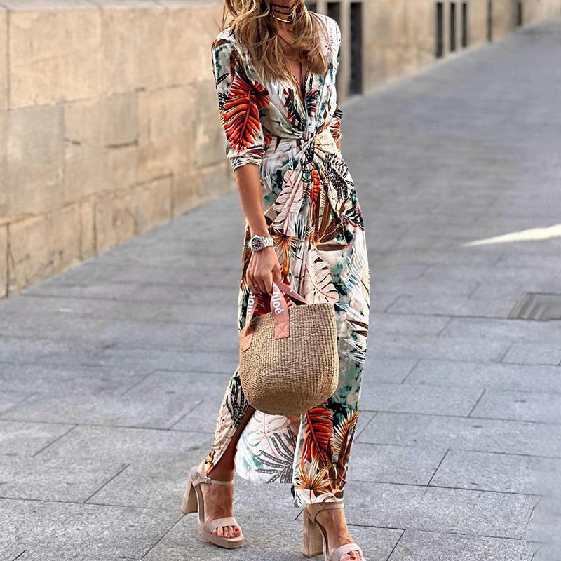 Spring new women s fashionable mid-sleeve printed mid-length dress S