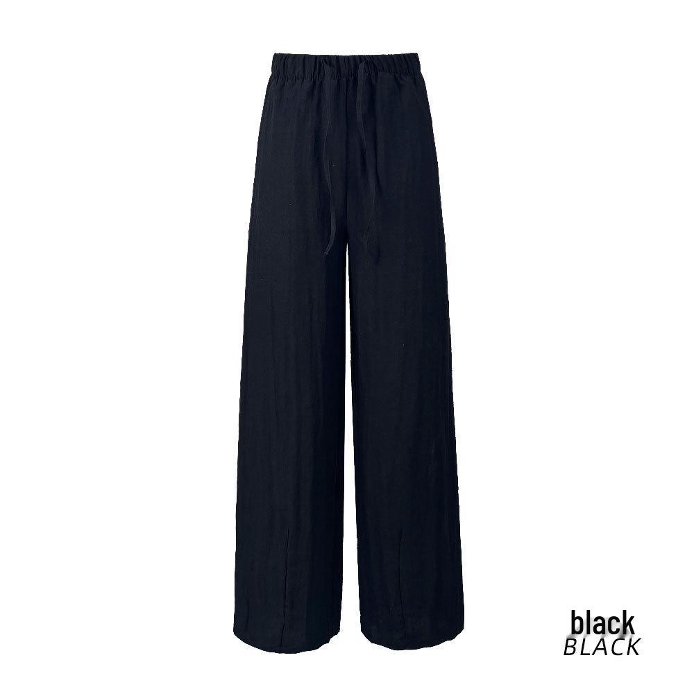 

Женские летние повседневные брюки из тенселя и льна - Однотонные, эластичная талия, кулиска, свободный крой, удобные длинные уличные. M чёрный