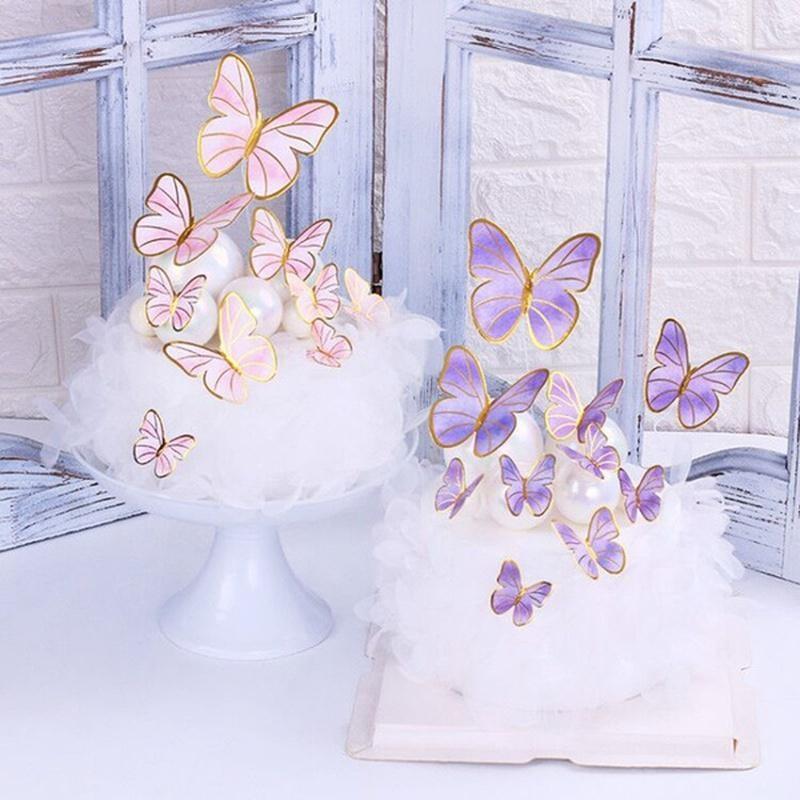 10Pcs/Set Birthday Cake Toppers Cake Decoration Handmade Painted Butterfly Cake Topper for Wedding Birthday Party Baby Shower