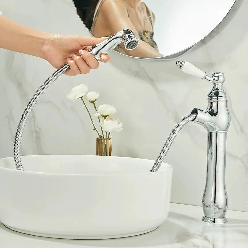 Gold Bathroom Ceramic handle Basin Faucets Pull Out Mixers Sink Faucet Washbasin Taps Water Tap Tapware Crane Brass Material