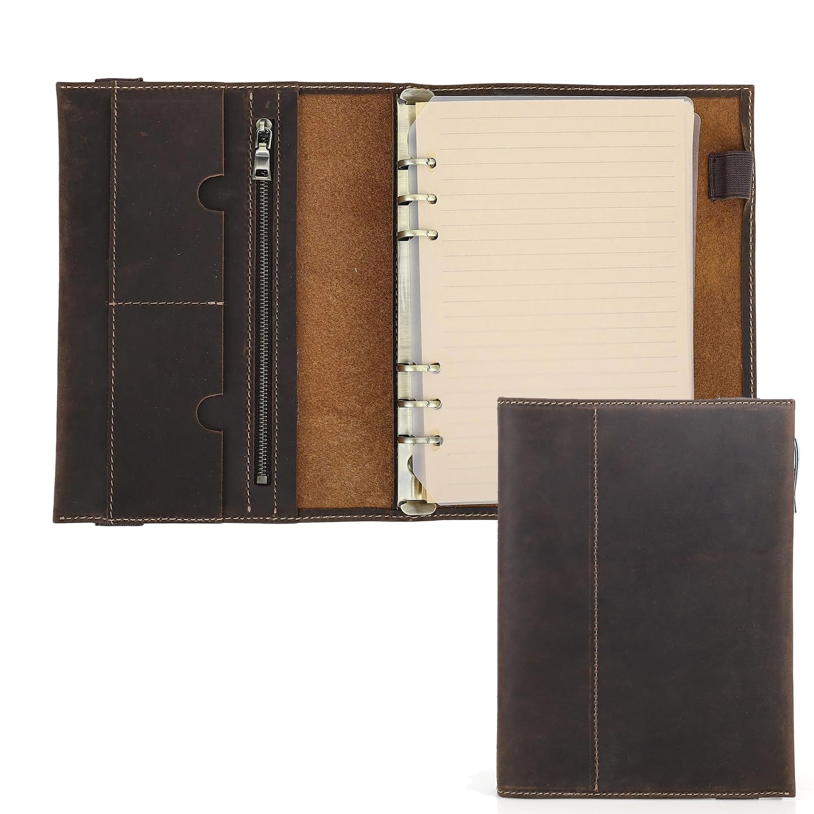 

семья Натуральная Кожа Ручная Работа Системный Органайзер Формат А5 6 Колец 80 Листов Держатель для Ручки Карман для Карт Карман на Молнии Деловые Офисные Принадлежности кофейный