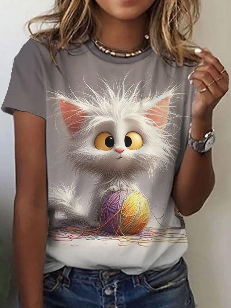 Summer Cute Kitten T-Shirts Cat 3D Print Women's Round Neck Short Sleeve T Shirt Casual Tees Harajuku Y2K Tops Female Clothing