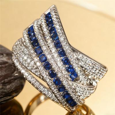 Anillo de Lujo de Cristal Blanco Azul Zirconia Vintage Color Plata Boda Para Mujeres