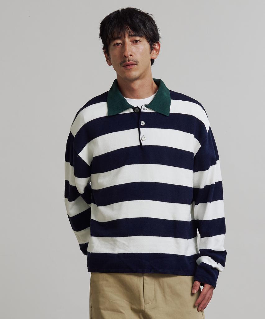 KNITTED (Unisex) Striped Rugby Collar Knit Navy