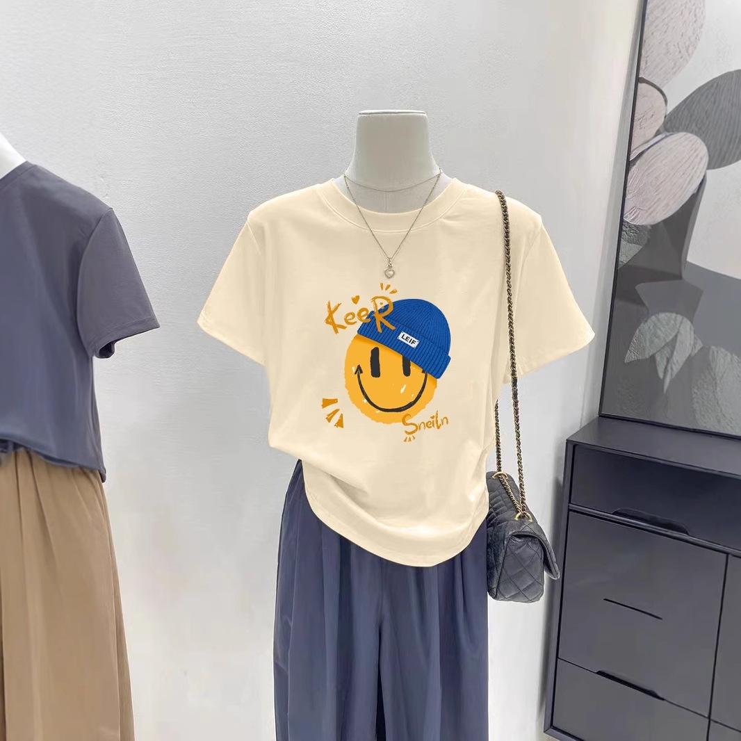 

Smiley face front shoulder cotton short-sleeved t-shirt women s summer thin inner cover 2025 new loose white thin top trendy XXXL