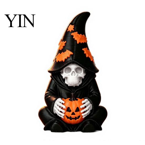 Atmospheric Entrance Decorations Halloween Skeleton Wizard Figurine, 3D Printed Gothic Statue with Mysterious Bookshelf Ornaments Pumpkin& Bat