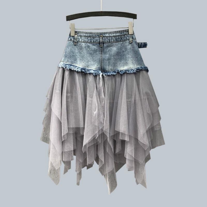 Moda Donna Gonna Denim Patchwork Rete Vita Alta A Linea Asimmetrica Volant Tulle Gonne Gotiche