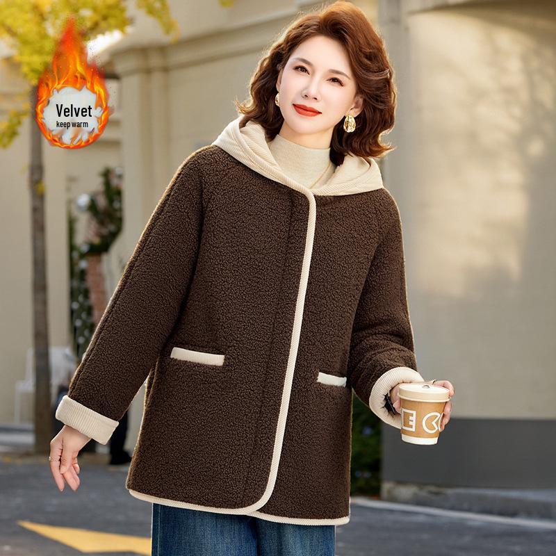 

Women s Hooded Lamb Wool Cotton Jacket - Velvet, Thick, Casual Winter Coat for Middle-Aged & Elderly Moms XL кавовий