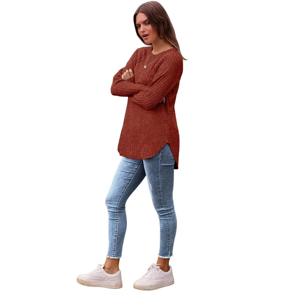 Women's Autumn New Loose Round Neck High and Low Curved Hem Top