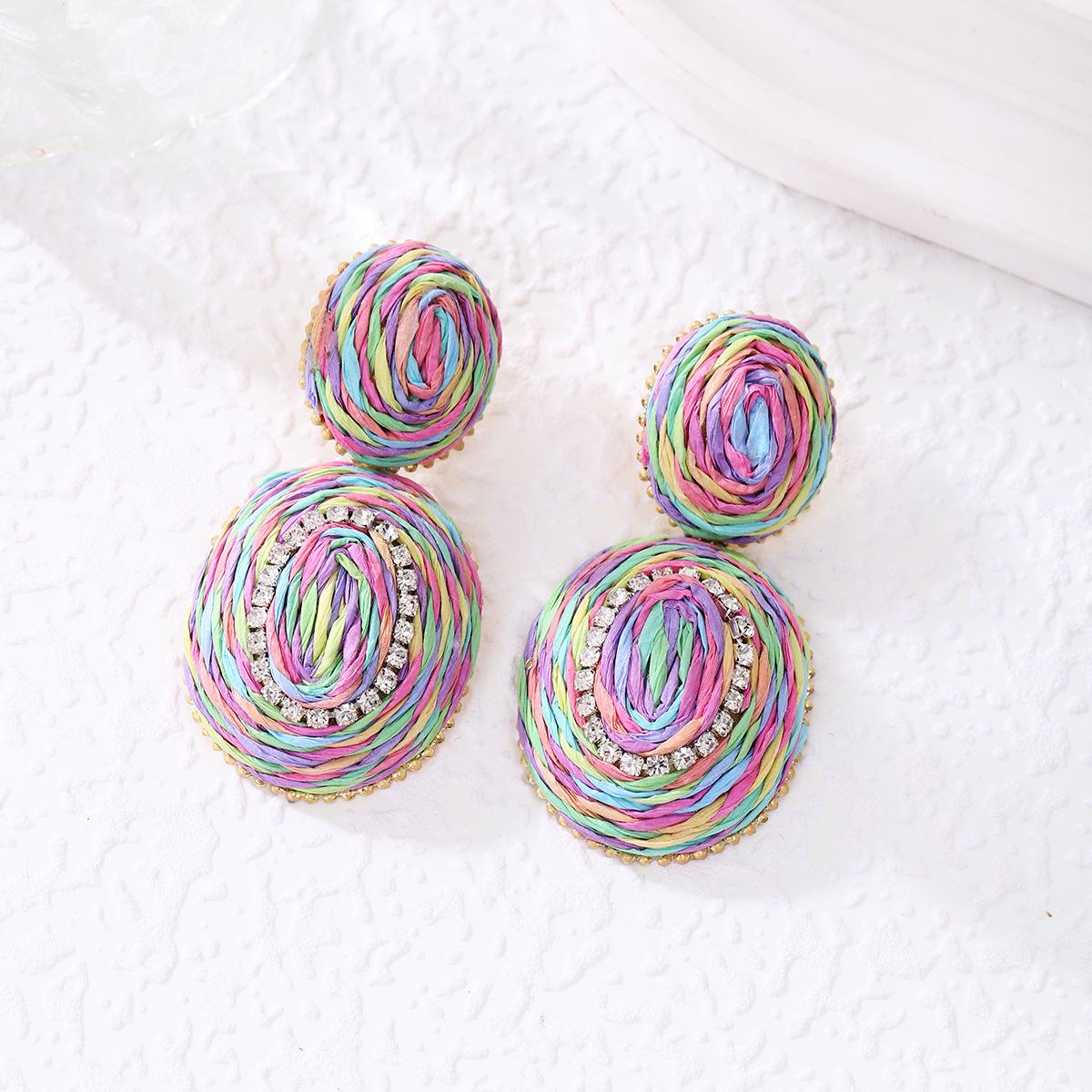 Ретро Геометрические Овальные Серьги с Рафией и Инкрустацией Бриллиантами - Отпускной Стиль