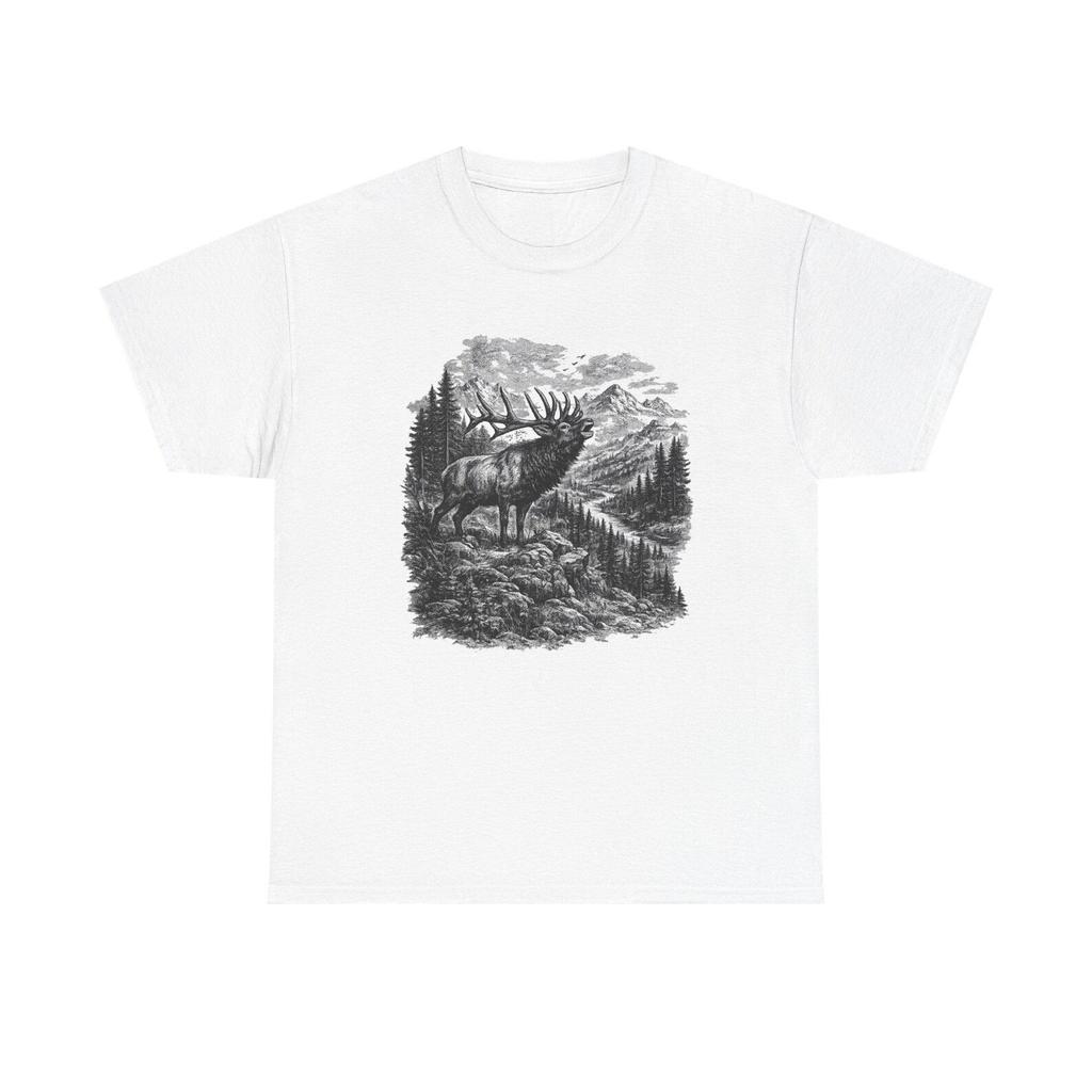 Bull Elk Wildlife Shirt | Bugling Elk Mountain Scene | Premium Outdoor Art Tee | Black & White Wildlife Illustration