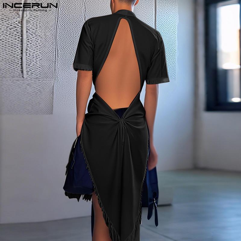 INCERUN Men V Neck Short Sleeve Lace-up Waist Back Cutout Irregular Long Tops T-shirts