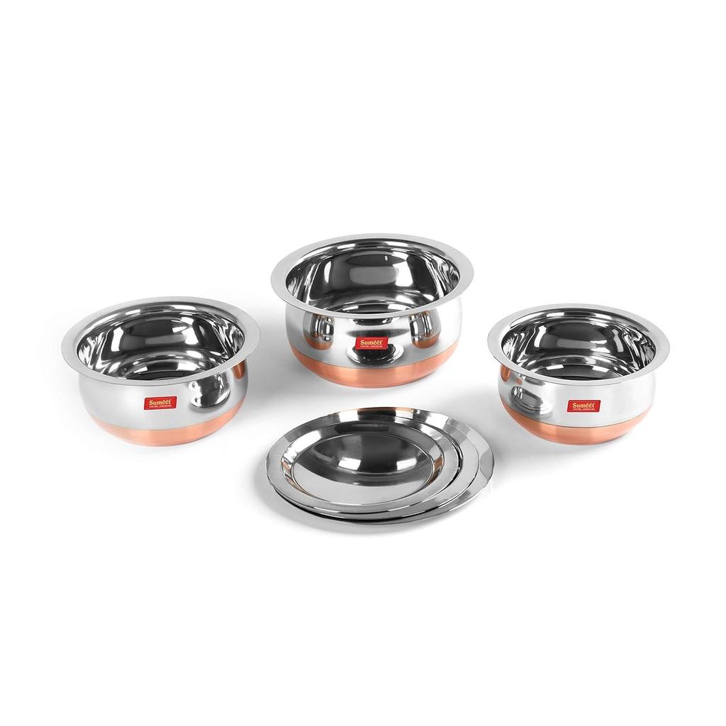 Stainless Steel Copper Bottom Belly Shape 3 Pc Tope/Cookware/Pot Set with Lid 380ML, 500ML, 780ML, (Silver)
