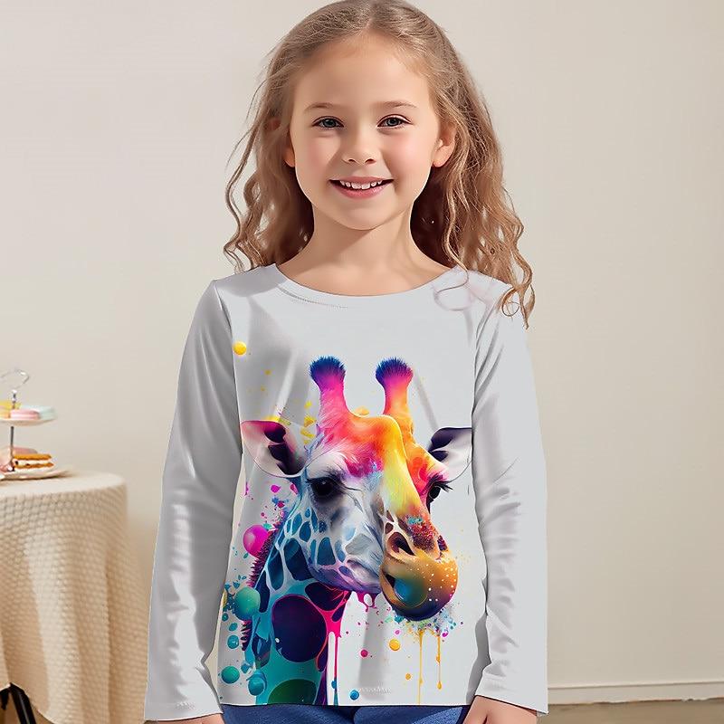 Spring and Autumn Round Neck Animal Giraffe Fawn Pattern 3D Printed Top Fashionable Casual Long Sleeved Children's Girl T-shirts