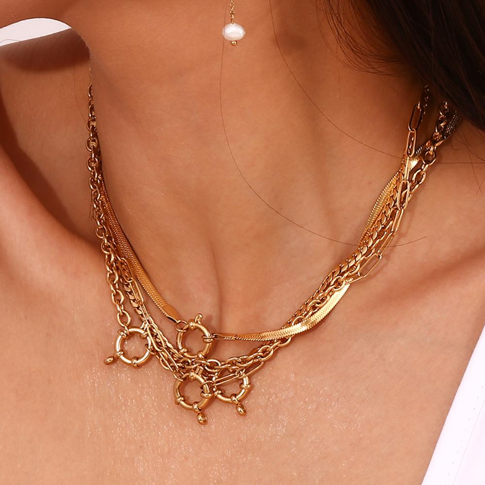 E.B.belle Blade Chain Paper Clip Chain O-shaped Chain Spring Buckle Pendant Necklace 18K Gold Plated 316L Stainless Steel