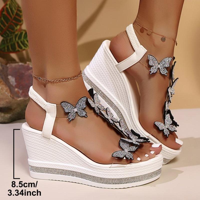 Mode Damen High Heels Keilsandalen Luxus Strass Offene Zehen Sandalen Damen Plateau Modische Schmetterlingsdekoration Sommerschuhe