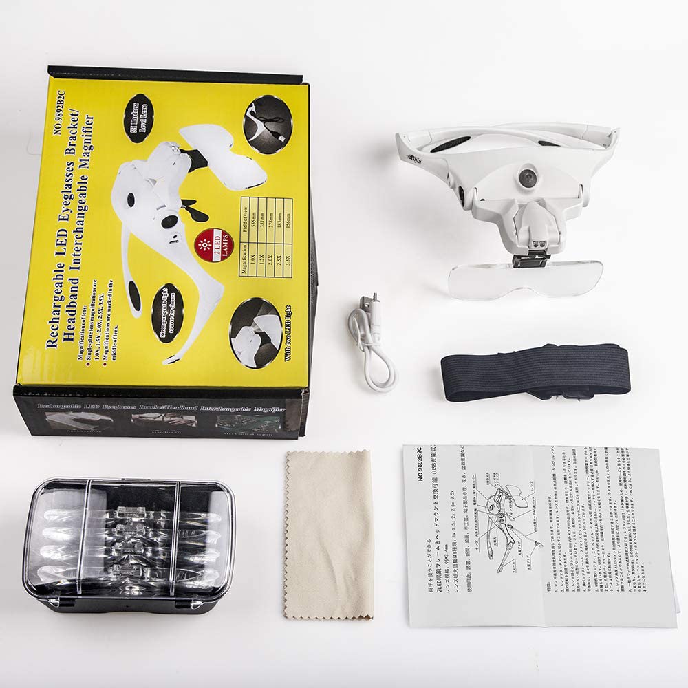 Bijia Eyeglass Upgraded USB Rechargeable Head Magnifier with LED Light and Elastic Magnifying Glass for and Precision 5 Interchangeable Lenses