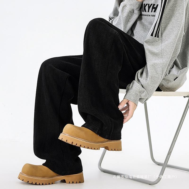 Men's Corduroy Wide Leg Pants, Drawstring Waist Casual Trousers with Pockets, Loose Fit Streetwear Bottoms for Spring & Autumn