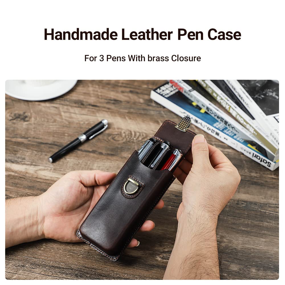 HIRAM Separate Design Pen Case for Fountain Simple Slim Holds 3 Genuine Leather Pens, Design, Pens, (Coffee)