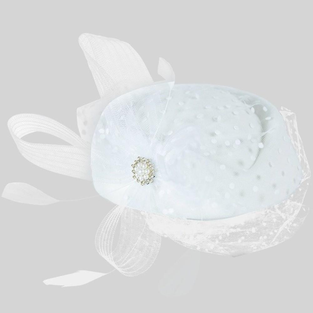Polka Dot Veil Bridal Beret Elegant Style Head Wrap Pearl Feather Mesh Fascinator Hat Banquet