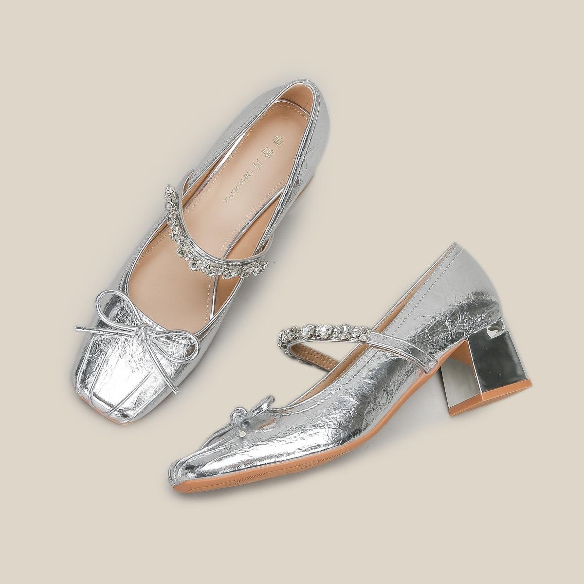 

Знаменитые серебряные туфли Мэри Джейн, женские туфли с бантом на толстом каблуке, маленькие кожаные туфли, летние брюки-кюлоты, высокие каблуки 40 серебряный
