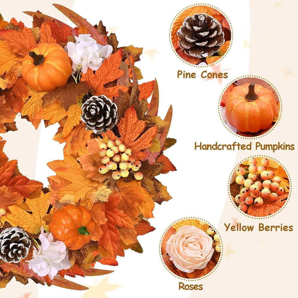 Halloween Fall Color Simulation Wreath, Foam Pumpkin Pine Nuts Berry Door Hanging Harvest Festival Vine Ring Thanksgiving Wreath