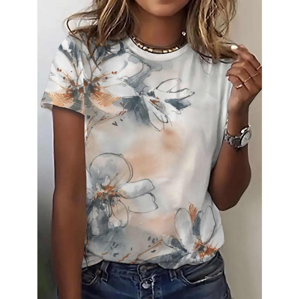 3D printed pattern T-shirt, summer and spring short sleeved round neck casual top, women's clothing