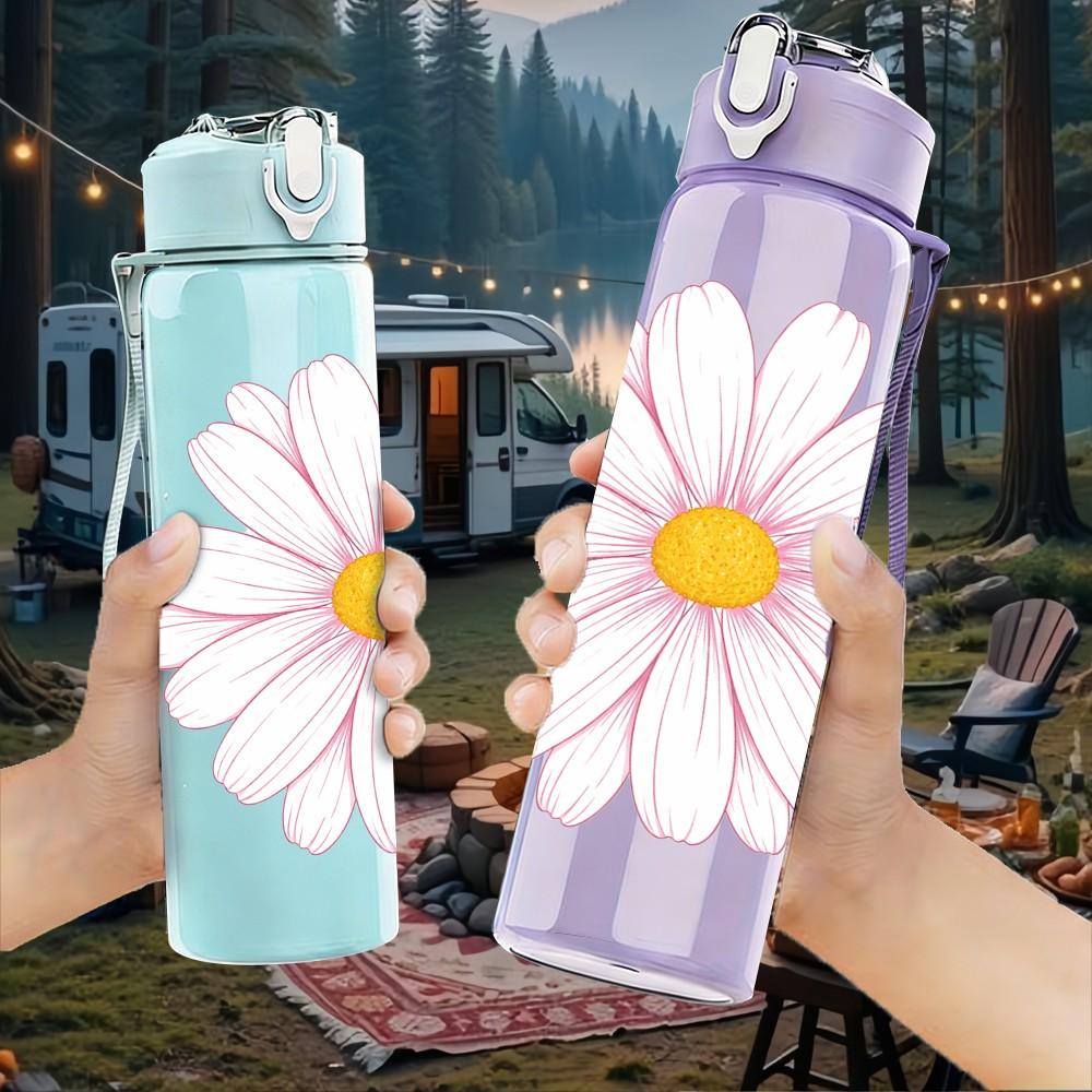 1PC White Daisy Simple Flower Print 750ml Color Plastic Sports Water Bottle Leakproof Flip Straw Lid Suitable for Sports Office Home Use