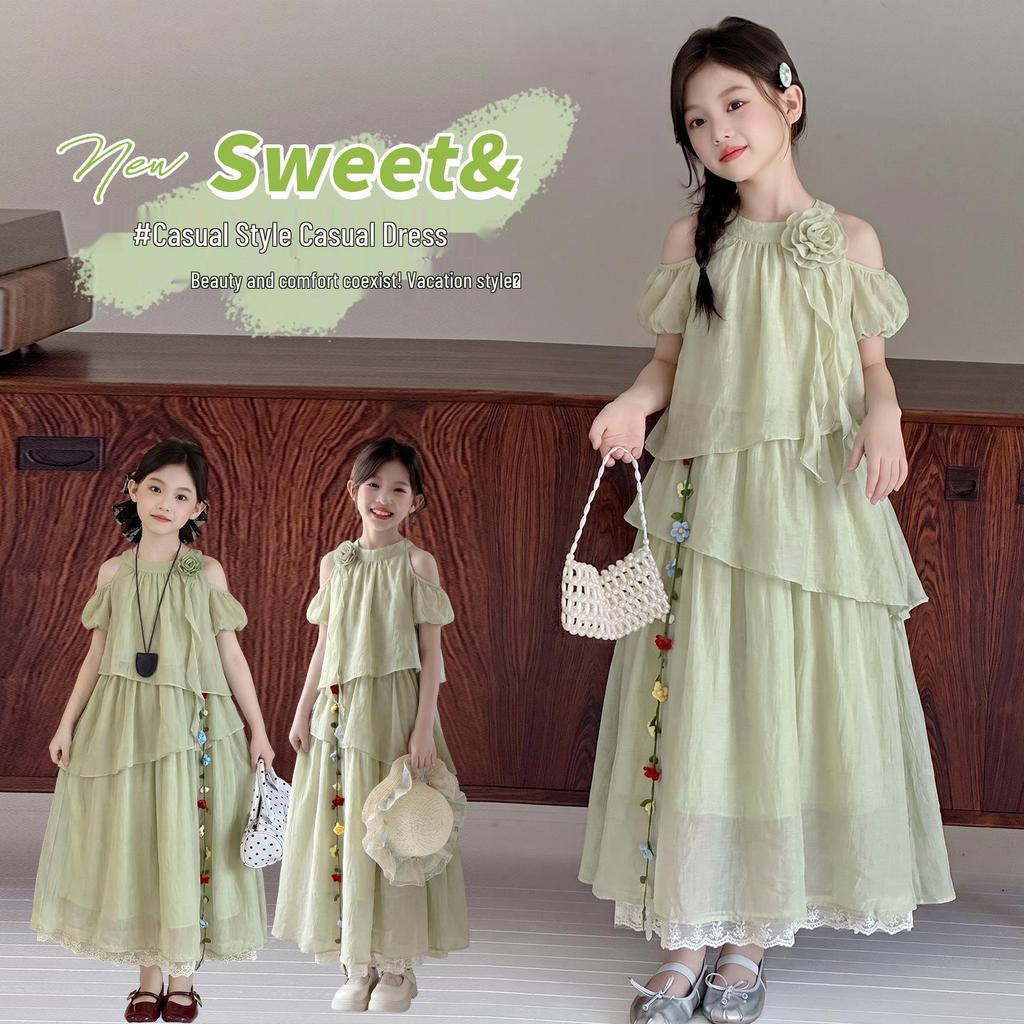 Girls' 2026 Summer Mori-Style Off-Shoulder Halter Neck Lace Beach Dress